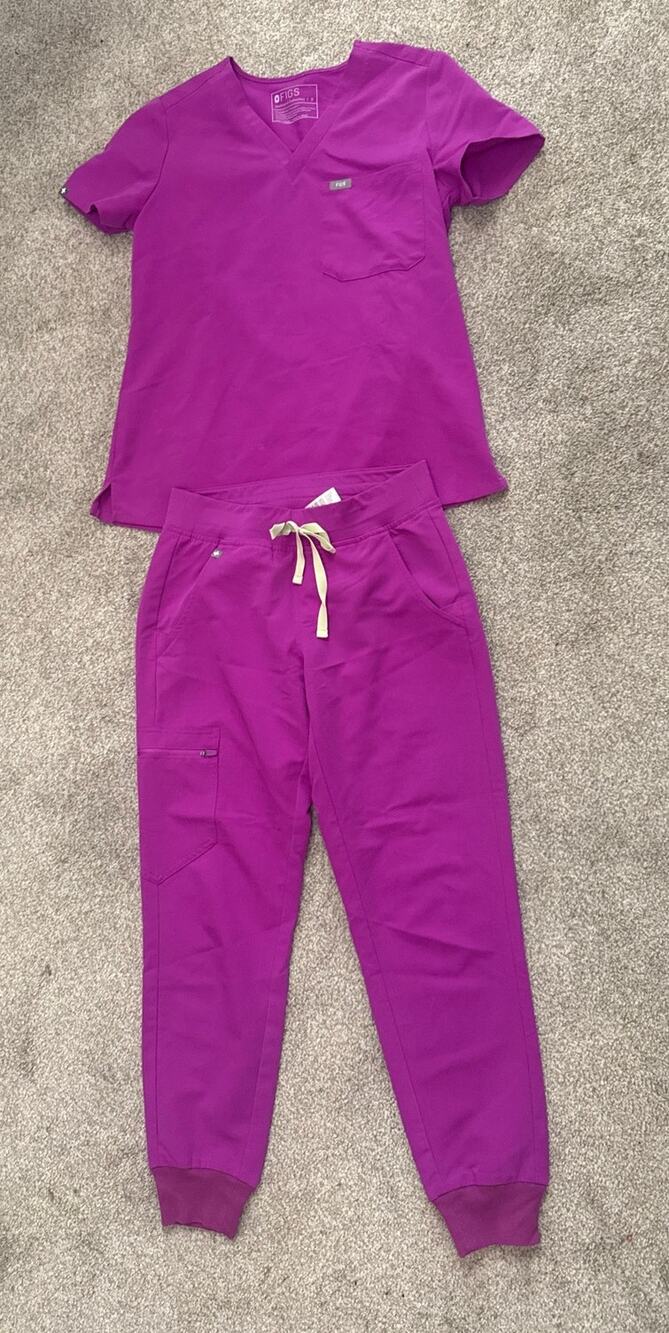 FIGS Limited Edition Purple Jolt Catarina Scrub Top S Zamora Jogger Pants XS
